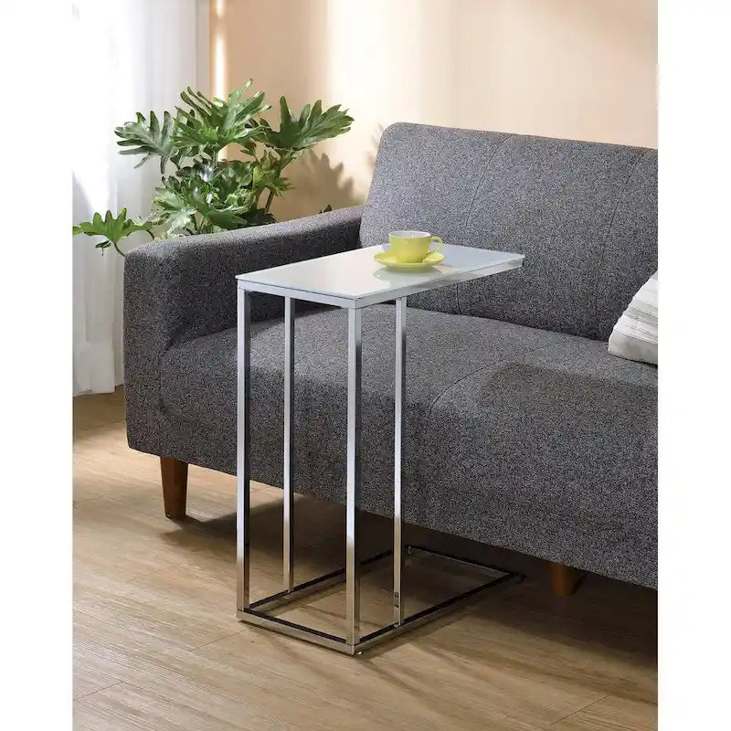 Accent Table – White Tempered Glass Top, Chrome Base, Slides Under Sofa, Multi-Functional