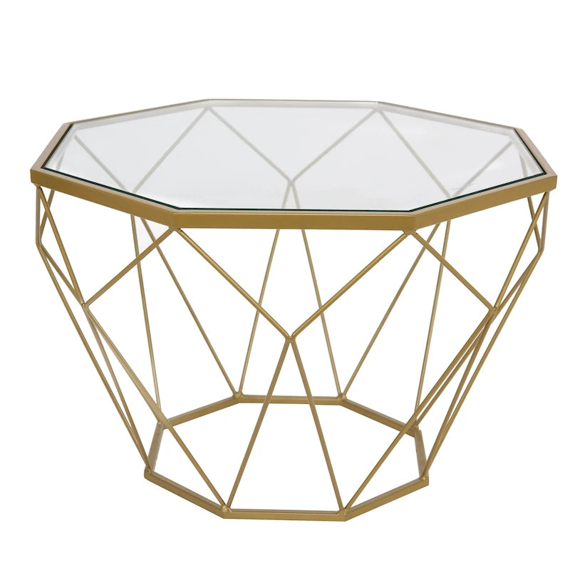 Modern Octagon Coffee Table – 21.5 Tempered Glass Top, Gold Geometric Metal Base, Multi-Use - Image 2