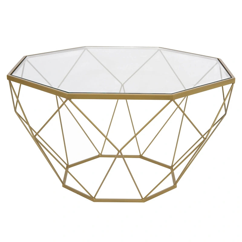 Modern Octagon Coffee Table – 21.5 Tempered Glass Top, Gold Geometric Metal Base, Multi-Use - Image 4