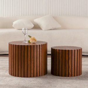 Round Wood Coffee Table - Hand-Carved Relief Design, Non-Slip Foot Pads, Fully Assembled