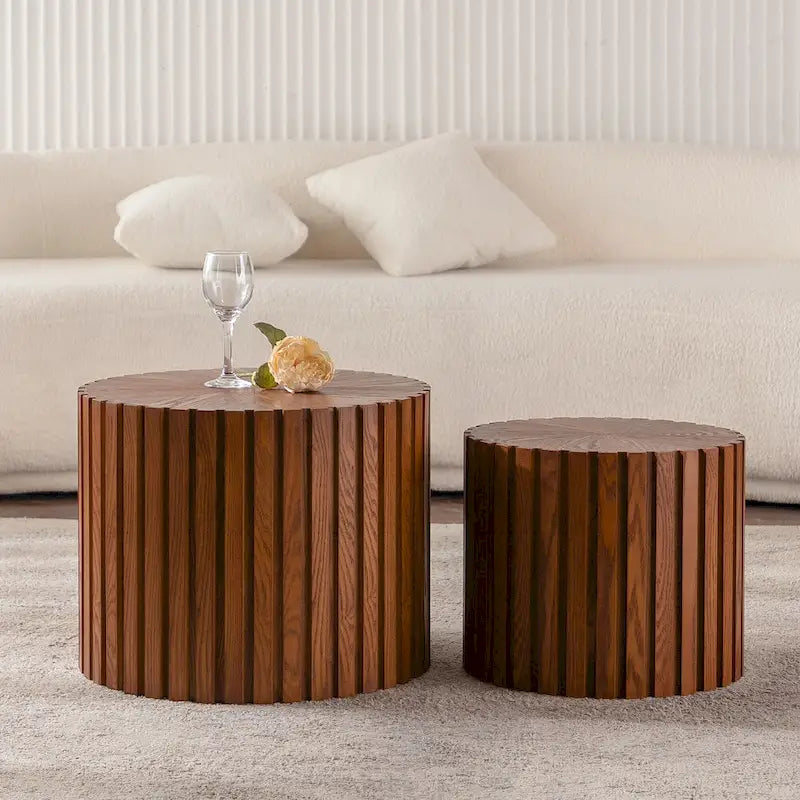 Round Wood Coffee Table – Hand-Carved Relief Design, Non-Slip Foot Pads, Fully Assembled