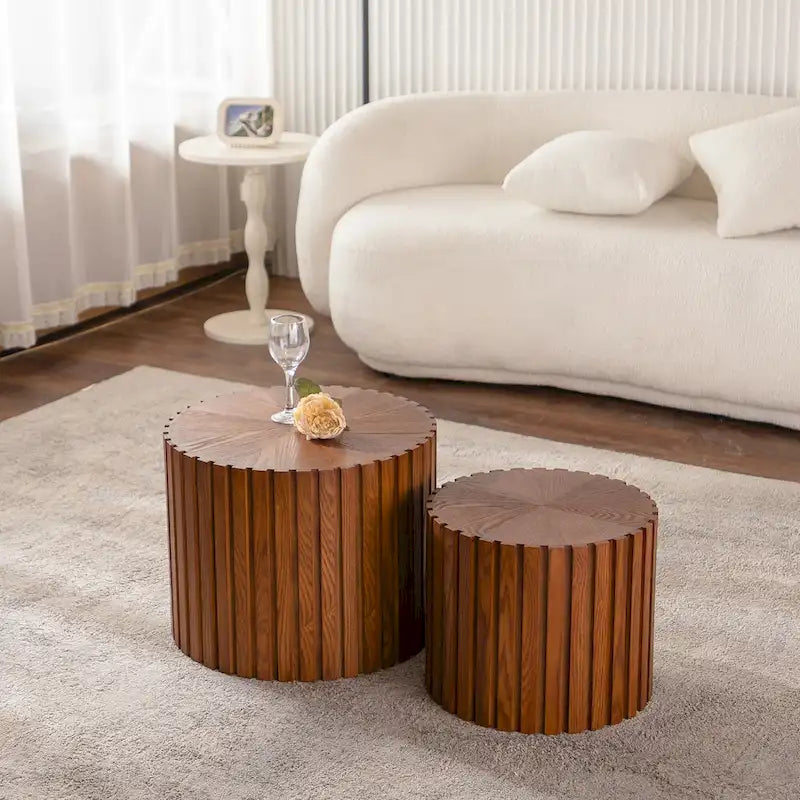Round Wood Coffee Table – Hand-Carved Relief Design, Non-Slip Foot Pads, Fully Assembled - Image 3