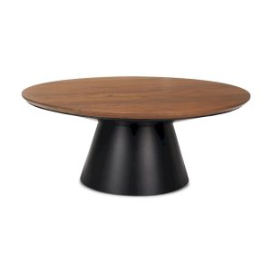 Round Coffee Table - Solid Mango Wood Top, Black Cast Iron Pedestal Base, 45 Diameter x 16H