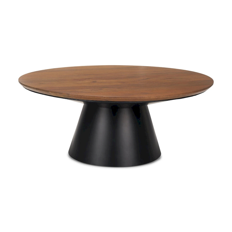 Round Coffee Table – Solid Mango Wood Top, Black Cast Iron Pedestal Base, 45 Diameter x 16H