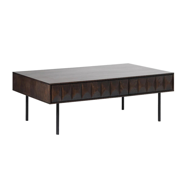 Modern Coffee Table - Espresso Oak Veneer, 2 Drawers, Matte Black Metal Base, 46W x 16.5H - Image 2