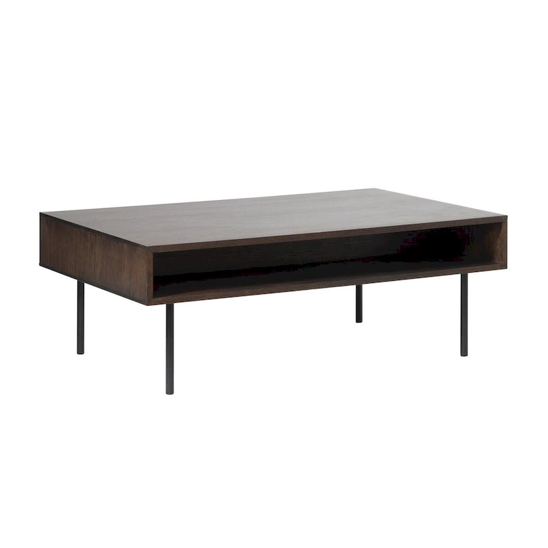 Modern Coffee Table - Espresso Oak Veneer, 2 Drawers, Matte Black Metal Base, 46W x 16.5H - Image 3