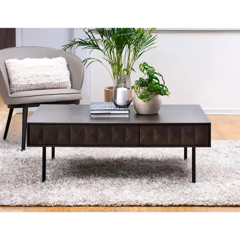 Modern Coffee Table - Espresso Oak Veneer, 2 Drawers, Matte Black Metal Base, 46W x 16.5H - Image 4