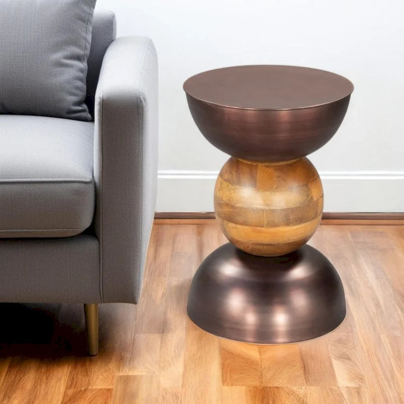 Round Pedestal End Table – Bronze & Brown, Iron & Solid Wood, 17W x 17.3H