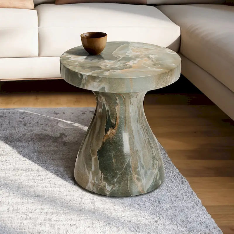 Faux Marble End Table – Weatherproof Concrete, Indoor/Outdoor, 13.7W x 14.4H, Multi-Use Stool