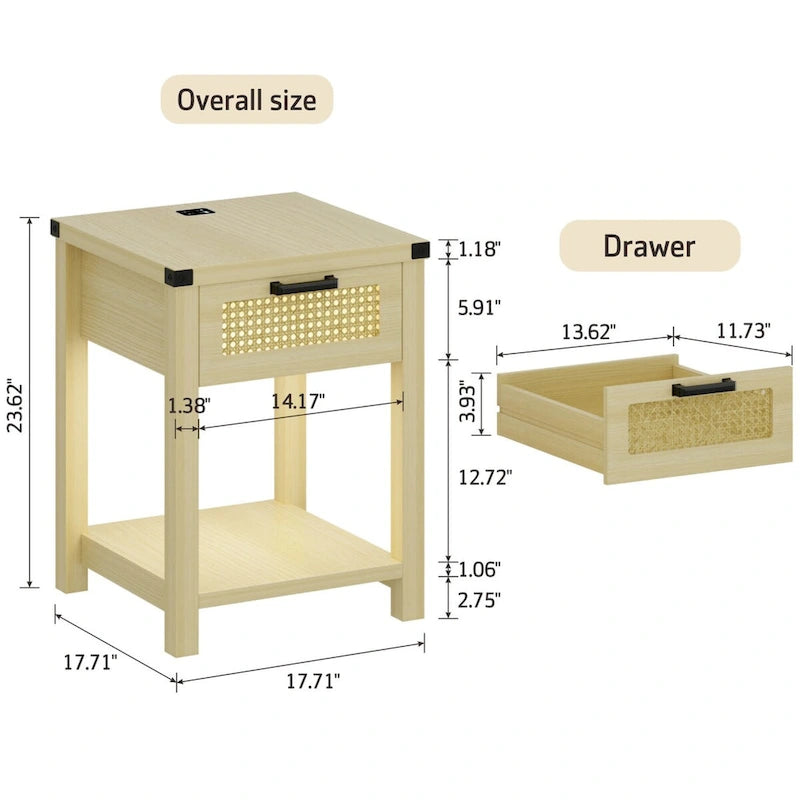 End Table – LED Light, USB & Type-C Charging, Motion Sensor, Rattan Drawer, Farmhouse, 150 lbs - Image 11