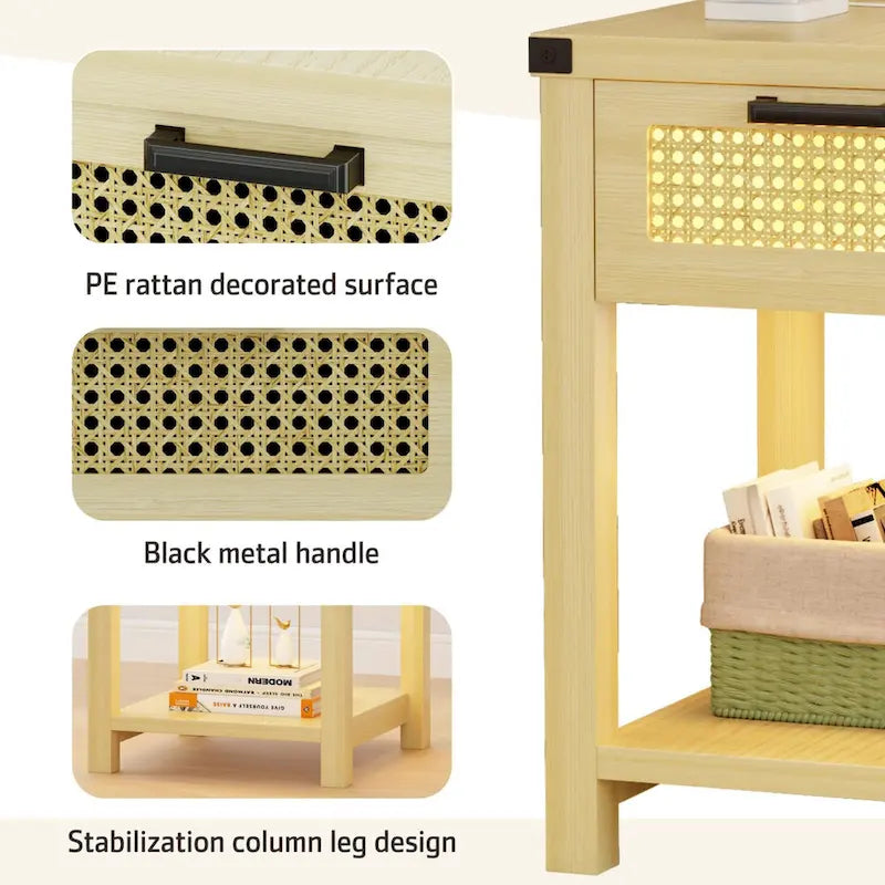End Table – LED Light, USB & Type-C Charging, Motion Sensor, Rattan Drawer, Farmhouse, 150 lbs - Image 12