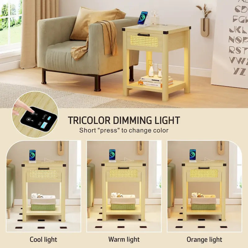 End Table – LED Light, USB & Type-C Charging, Motion Sensor, Rattan Drawer, Farmhouse, 150 lbs - Image 13