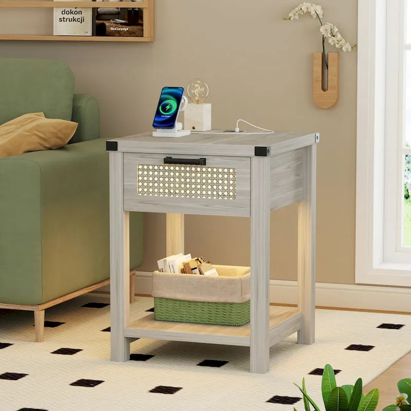 End Table – LED Light, USB & Type-C Charging, Motion Sensor, Rattan Drawer, Farmhouse, 150 lbs - Image 14