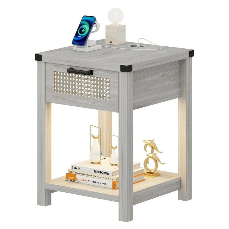 End Table – LED Light, USB & Type-C Charging, Motion Sensor, Rattan Drawer, Farmhouse, 150 lbs - Image 15