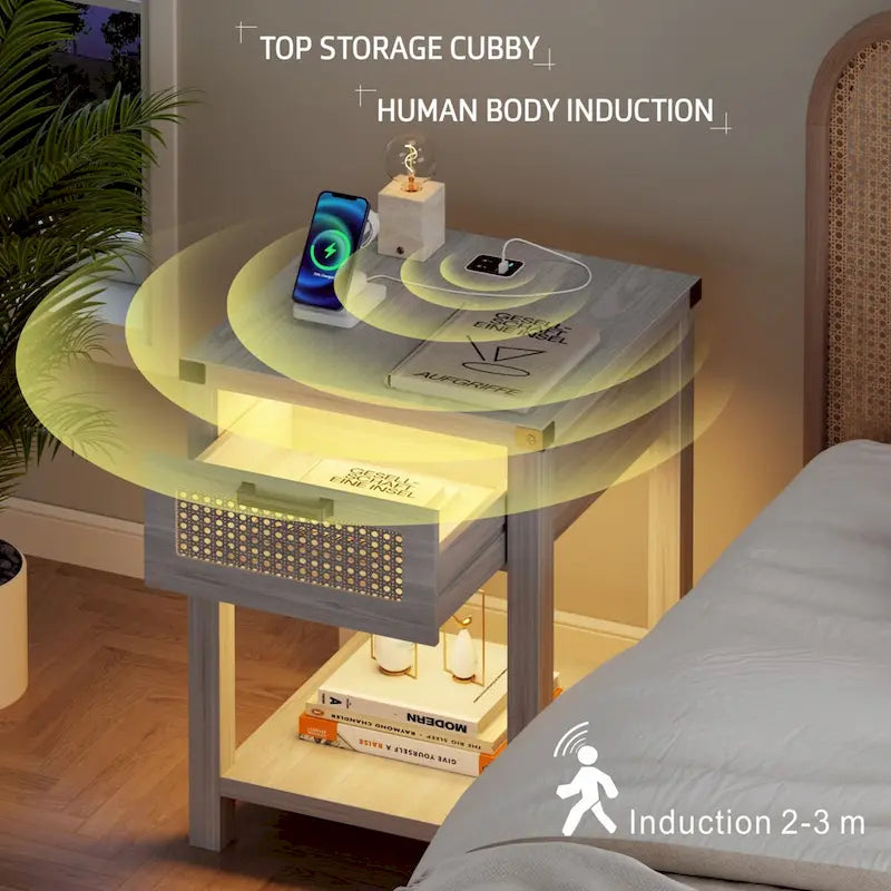 End Table – LED Light, USB & Type-C Charging, Motion Sensor, Rattan Drawer, Farmhouse, 150 lbs - Image 16