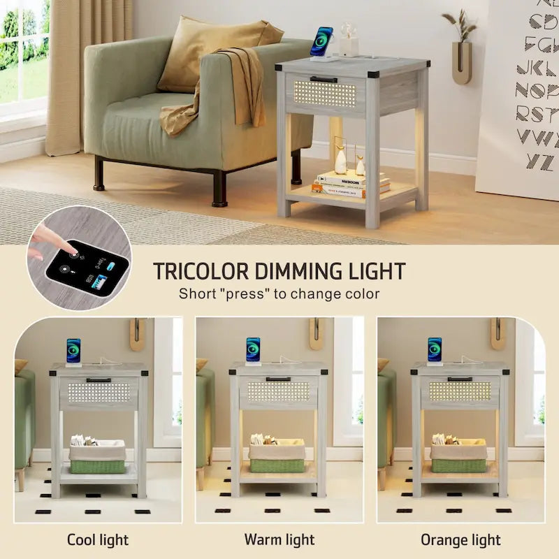 End Table – LED Light, USB & Type-C Charging, Motion Sensor, Rattan Drawer, Farmhouse, 150 lbs - Image 17