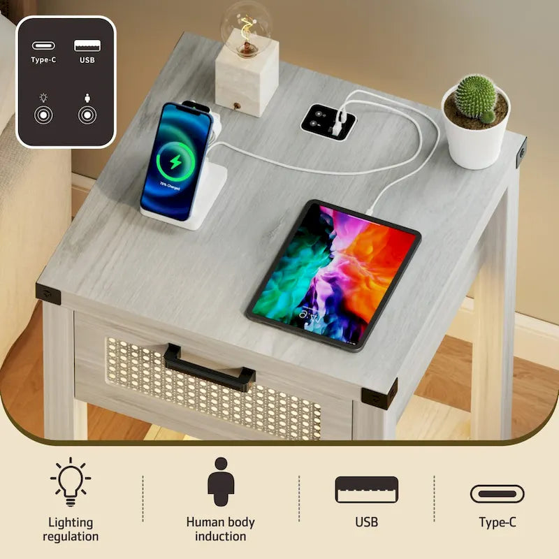End Table – LED Light, USB & Type-C Charging, Motion Sensor, Rattan Drawer, Farmhouse, 150 lbs - Image 18