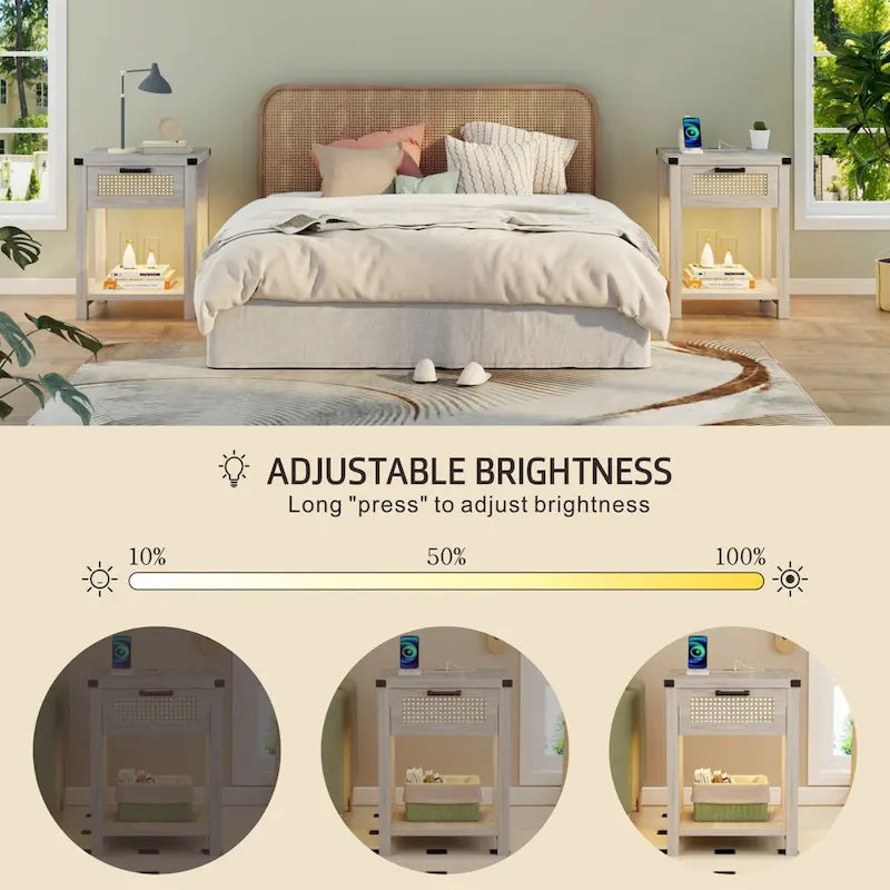 End Table – LED Light, USB & Type-C Charging, Motion Sensor, Rattan Drawer, Farmhouse, 150 lbs - Image 19