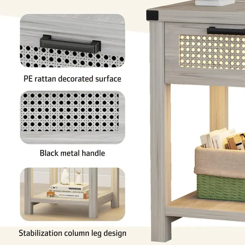 End Table – LED Light, USB & Type-C Charging, Motion Sensor, Rattan Drawer, Farmhouse, 150 lbs - Image 21