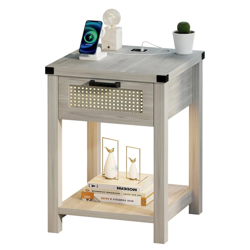 End Table – LED Light, USB & Type-C Charging, Motion Sensor, Rattan Drawer, Farmhouse, 150 lbs - Image 22