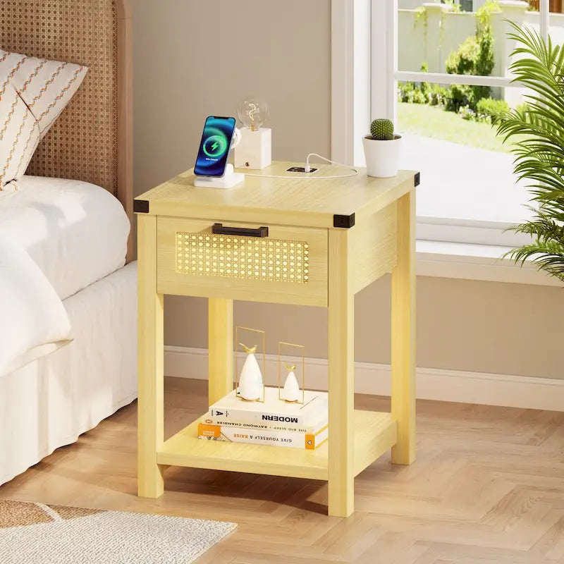 End Table – LED Light, USB & Type-C Charging, Motion Sensor, Rattan Drawer, Farmhouse, 150 lbs - Image 4