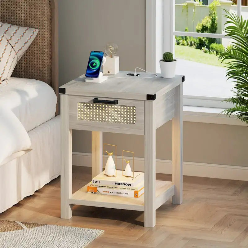 End Table – LED Light, USB & Type-C Charging, Motion Sensor, Rattan Drawer, Farmhouse, 150 lbs - Image 5
