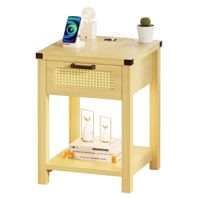 End Table – LED Light, USB & Type-C Charging, Motion Sensor, Rattan Drawer, Farmhouse, 150 lbs - Image 6