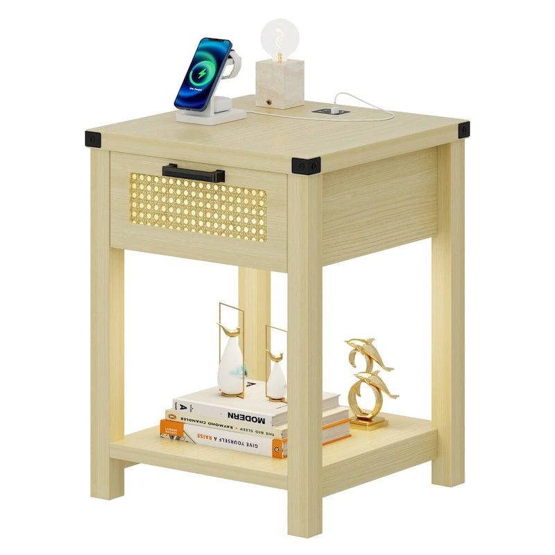 End Table – LED Light, USB & Type-C Charging, Motion Sensor, Rattan Drawer, Farmhouse, 150 lbs - Image 7