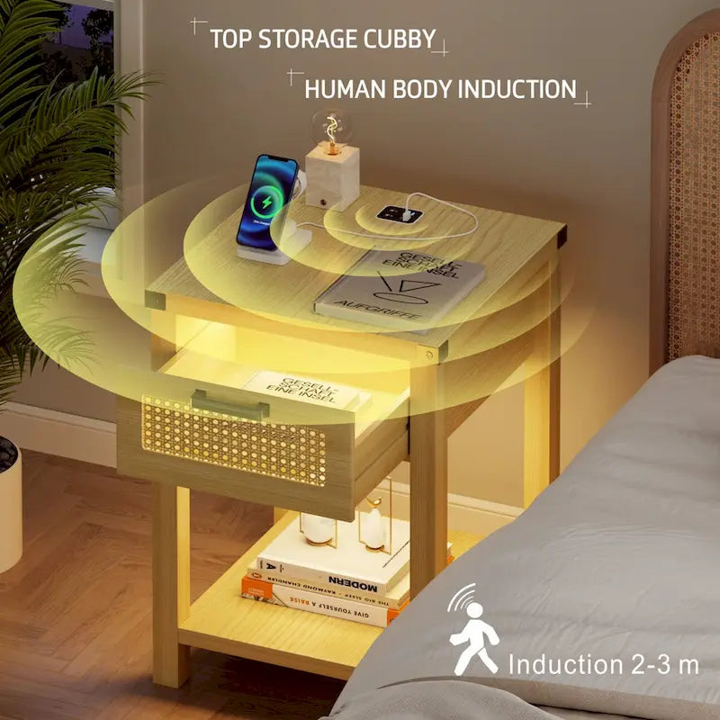 End Table – LED Light, USB & Type-C Charging, Motion Sensor, Rattan Drawer, Farmhouse, 150 lbs - Image 8