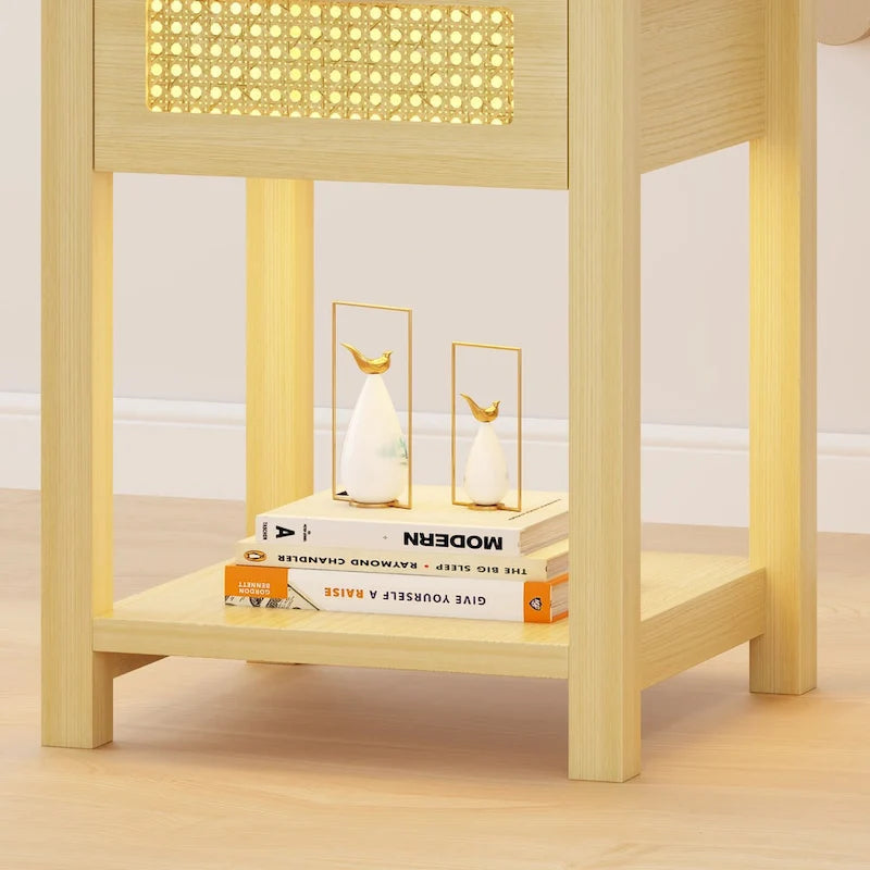 End Table – LED Light, USB & Type-C Charging, Motion Sensor, Rattan Drawer, Farmhouse, 150 lbs - Image 9
