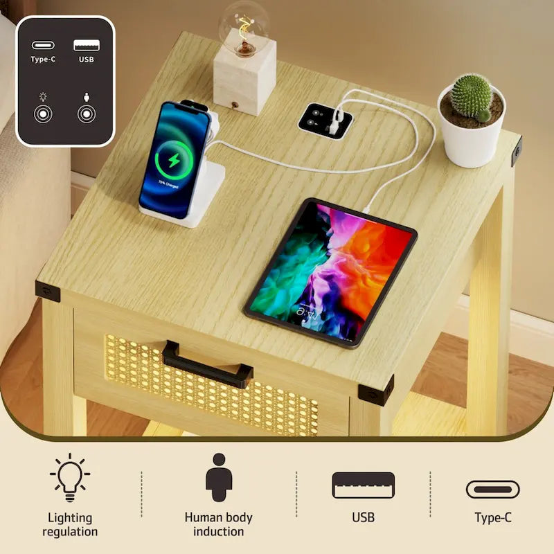 End Table – LED Light, USB & Type-C Charging, Motion Sensor, Rattan Drawer, Farmhouse, 150 lbs - Image 10