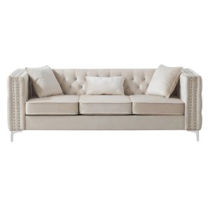 Tufted Velvet Sofa - Blue, 3-Seater, Track Arms, 2 Throw Pillows, 86W x 30H, Contemporary