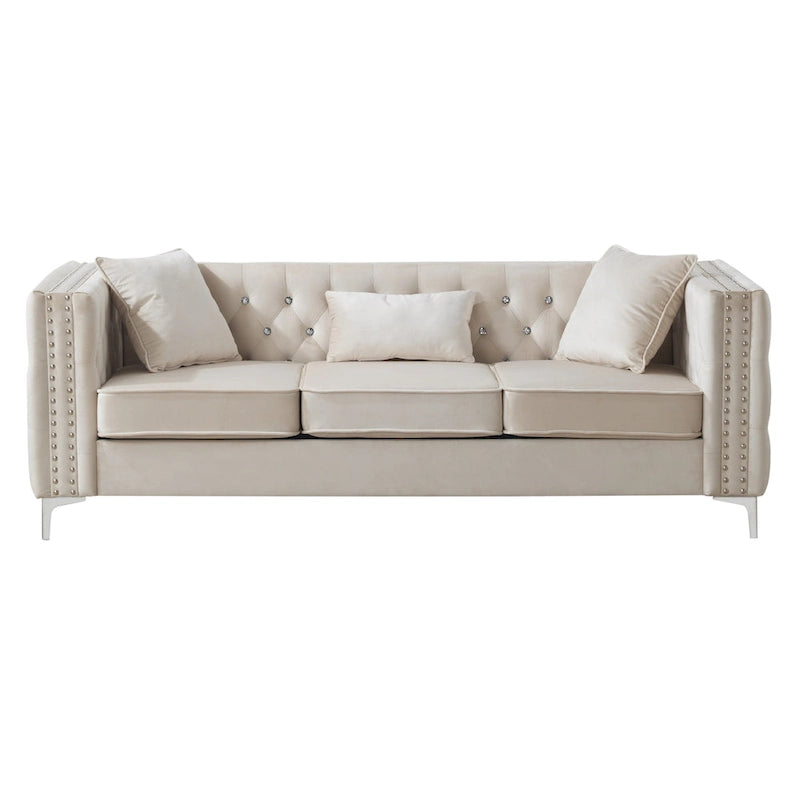 Tufted Velvet Sofa – Blue, 3-Seater, Track Arms, 2 Throw Pillows, 73W x 25H, Contemporary