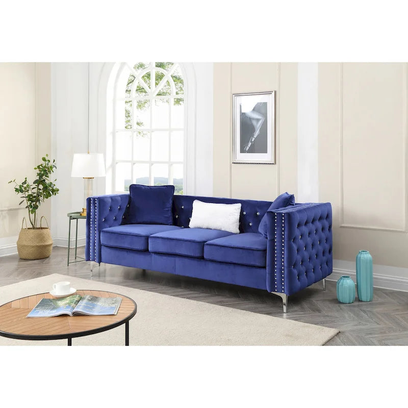 Tufted Velvet Sofa – Blue, 3-Seater, Track Arms, 2 Throw Pillows, 73W x 25H, Contemporary - Image 11