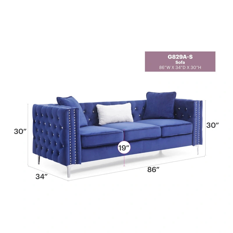 Tufted Velvet Sofa – Blue, 3-Seater, Track Arms, 2 Throw Pillows, 73W x 25H, Contemporary - Image 12