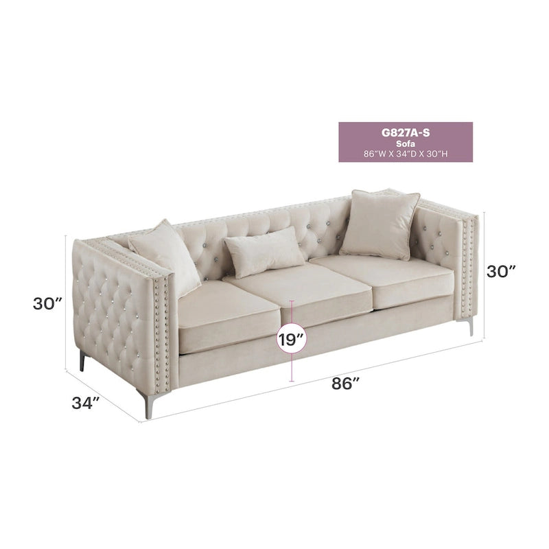 Tufted Velvet Sofa – Blue, 3-Seater, Track Arms, 2 Throw Pillows, 73W x 25H, Contemporary - Image 13