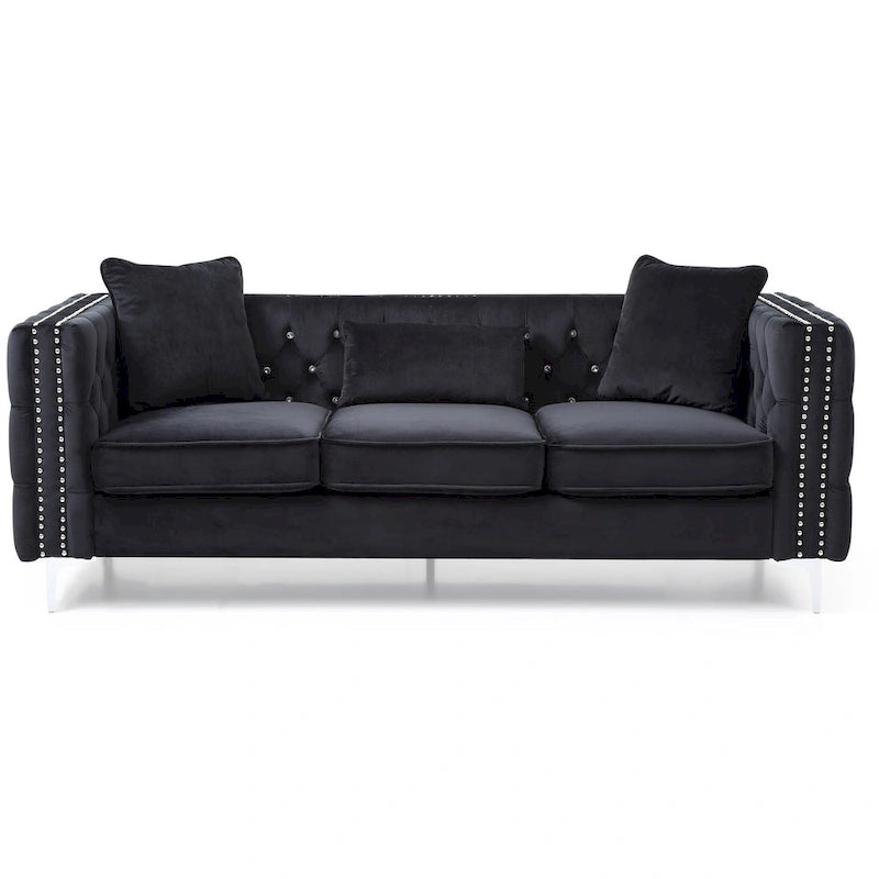 Tufted Velvet Sofa – Blue, 3-Seater, Track Arms, 2 Throw Pillows, 73W x 25H, Contemporary - Image 14