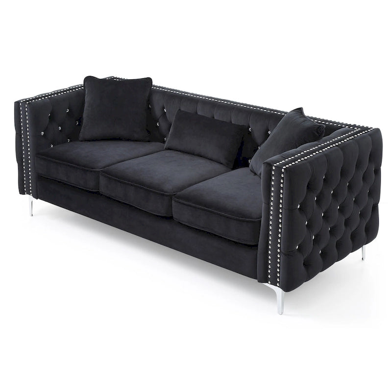 Tufted Velvet Sofa – Blue, 3-Seater, Track Arms, 2 Throw Pillows, 73W x 25H, Contemporary - Image 15