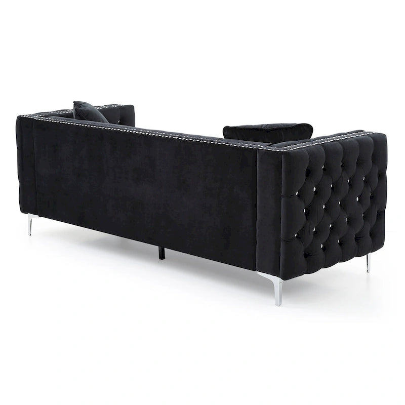 Tufted Velvet Sofa – Blue, 3-Seater, Track Arms, 2 Throw Pillows, 73W x 25H, Contemporary - Image 16