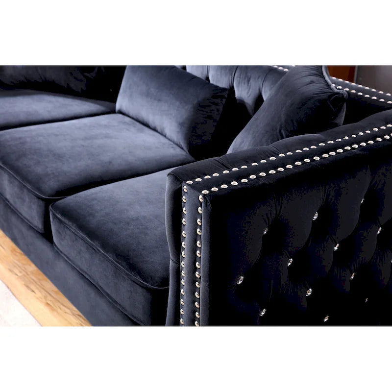 Tufted Velvet Sofa – Blue, 3-Seater, Track Arms, 2 Throw Pillows, 73W x 25H, Contemporary - Image 17