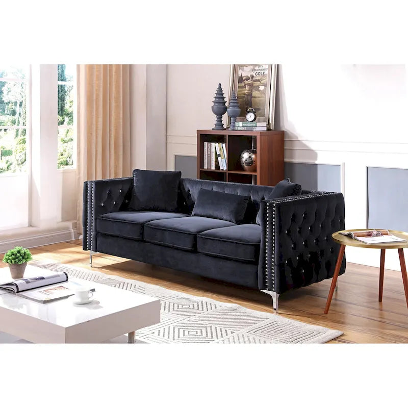 Tufted Velvet Sofa – Blue, 3-Seater, Track Arms, 2 Throw Pillows, 73W x 25H, Contemporary - Image 18