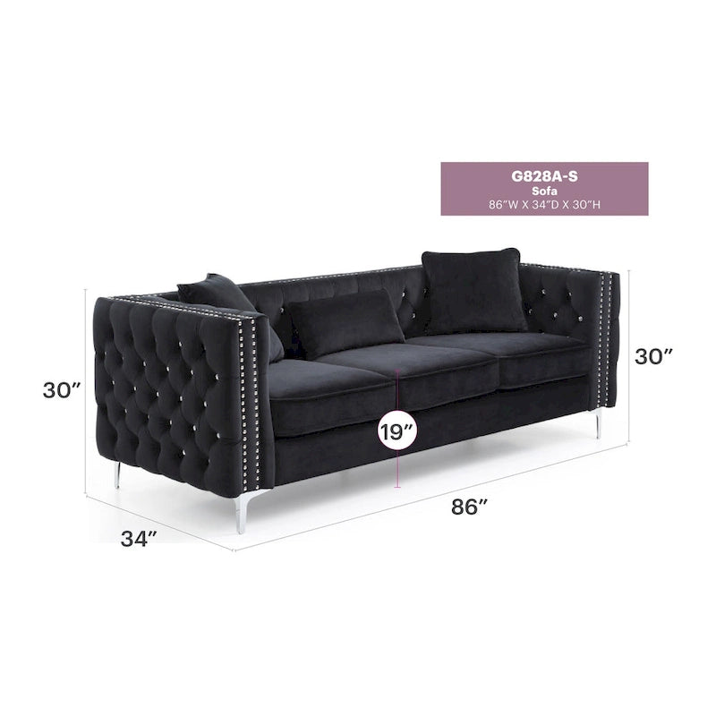 Tufted Velvet Sofa – Blue, 3-Seater, Track Arms, 2 Throw Pillows, 73W x 25H, Contemporary - Image 19