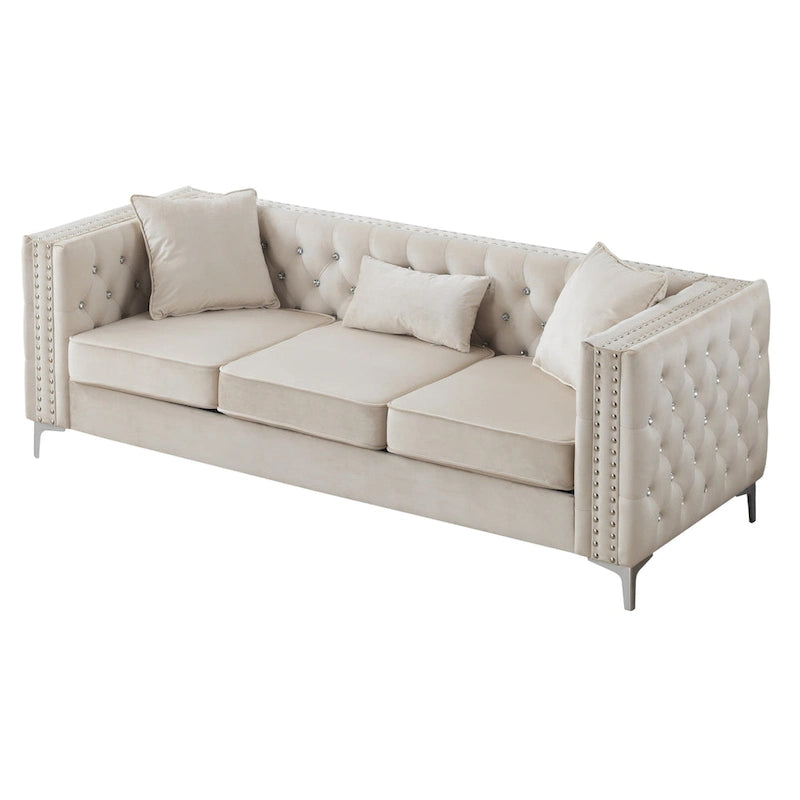 Tufted Velvet Sofa – Blue, 3-Seater, Track Arms, 2 Throw Pillows, 73W x 25H, Contemporary - Image 3