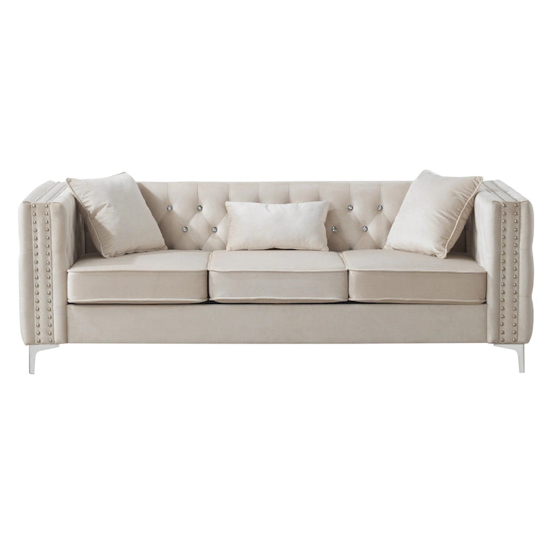 Tufted Velvet Sofa – Blue, 3-Seater, Track Arms, 2 Throw Pillows, 73W x 25H, Contemporary - Image 4