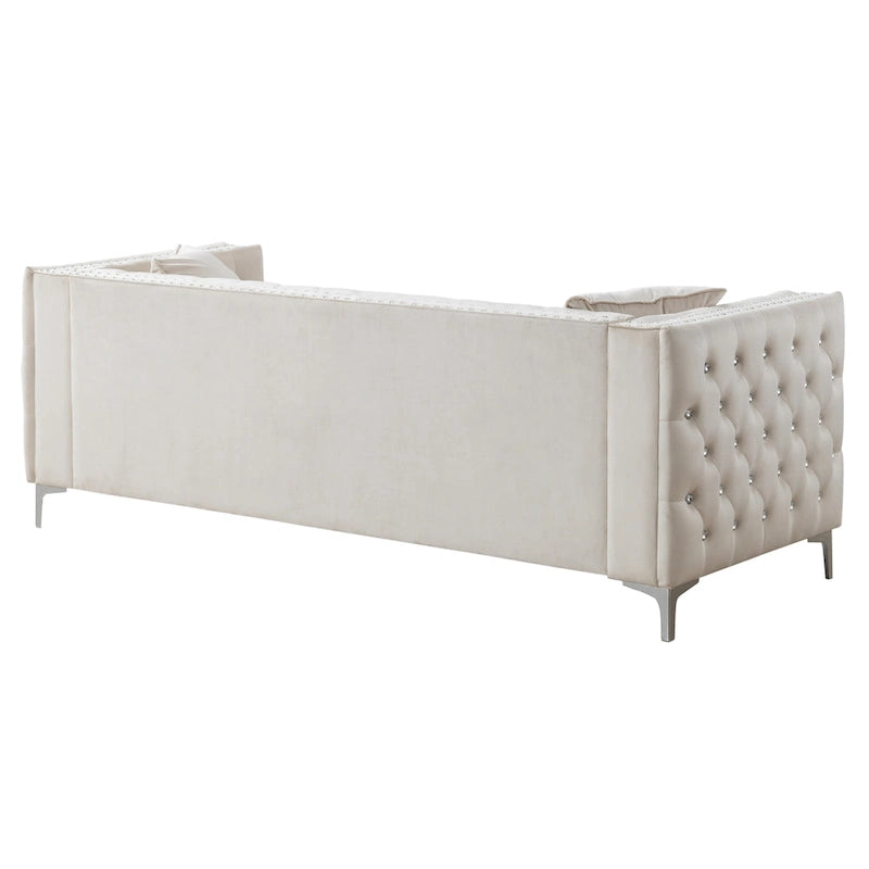 Tufted Velvet Sofa – Blue, 3-Seater, Track Arms, 2 Throw Pillows, 73W x 25H, Contemporary - Image 5