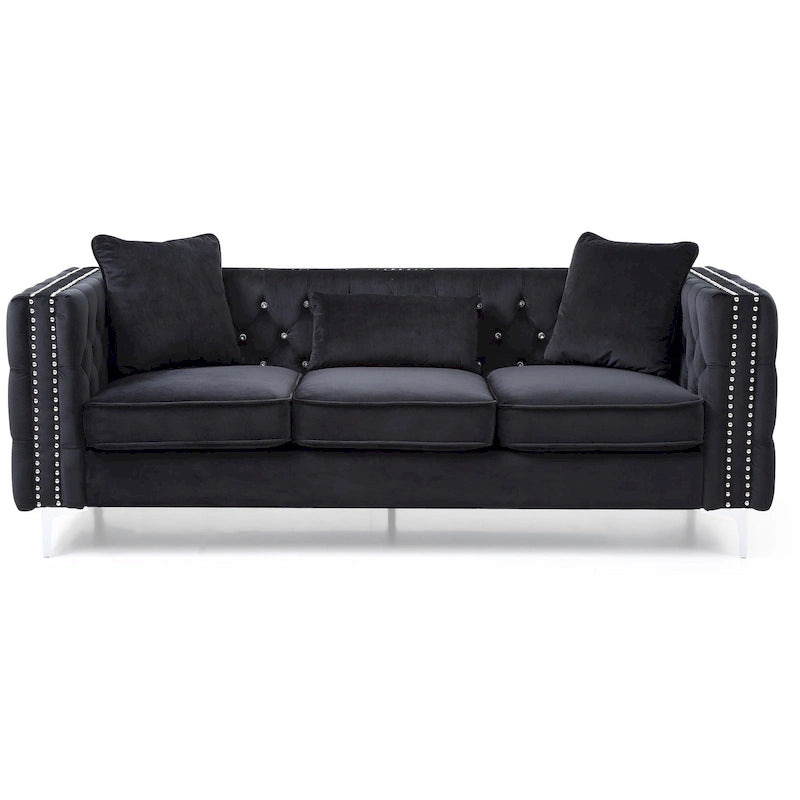 Tufted Velvet Sofa – Blue, 3-Seater, Track Arms, 2 Throw Pillows, 73W x 25H, Contemporary - Image 6