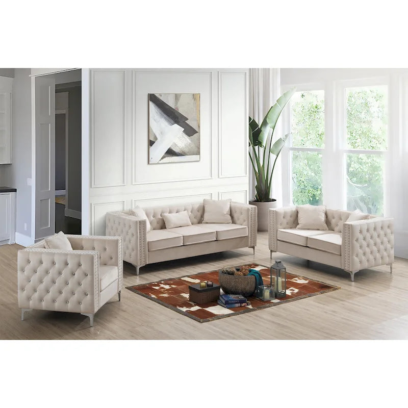 Tufted Velvet Sofa – Blue, 3-Seater, Track Arms, 2 Throw Pillows, 73W x 25H, Contemporary - Image 7