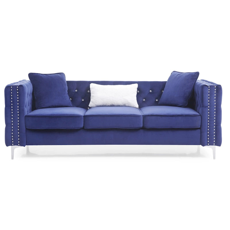 Tufted Velvet Sofa – Blue, 3-Seater, Track Arms, 2 Throw Pillows, 73W x 25H, Contemporary - Image 8