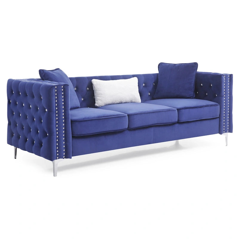 Tufted Velvet Sofa – Blue, 3-Seater, Track Arms, 2 Throw Pillows, 73W x 25H, Contemporary - Image 9