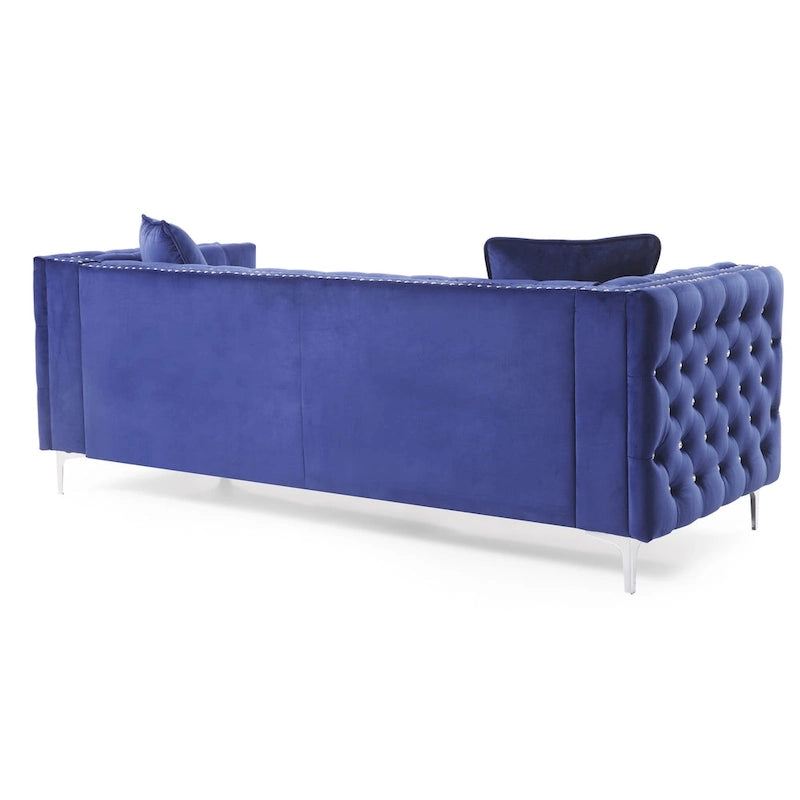 Tufted Velvet Sofa – Blue, 3-Seater, Track Arms, 2 Throw Pillows, 73W x 25H, Contemporary - Image 10